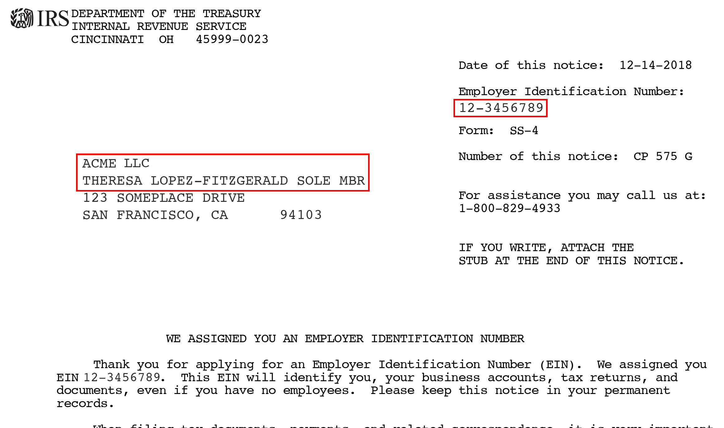 irs ss 4 ein assignment letter